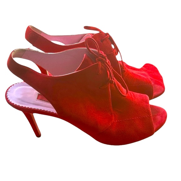 Carolina Herrera Red Suede Open Toe Booties Heels EU 40 US 9.5 Lace Up Luxury - Picture 2 of 11